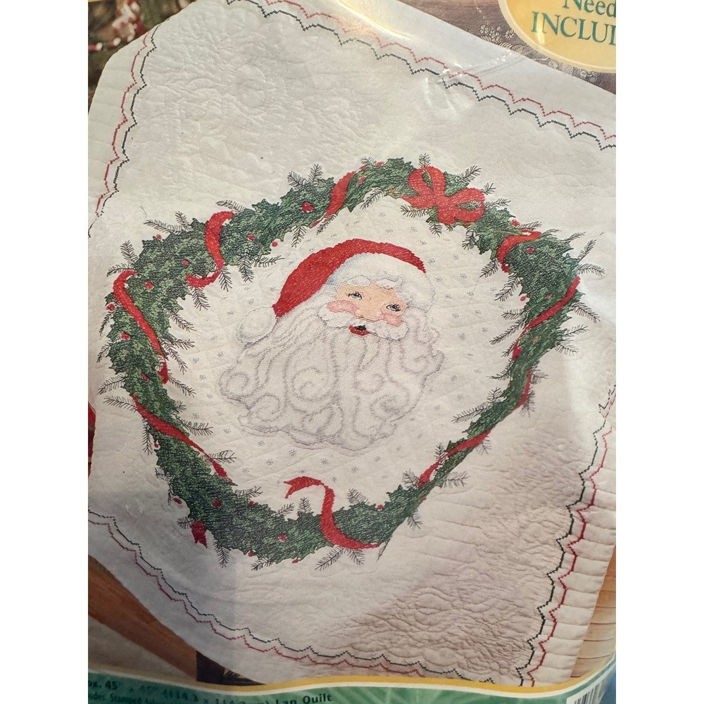 Bucilla Happy Holidays Santa Wreath Stamped Cross Stitch Lap Quilt Kit 84019 90s